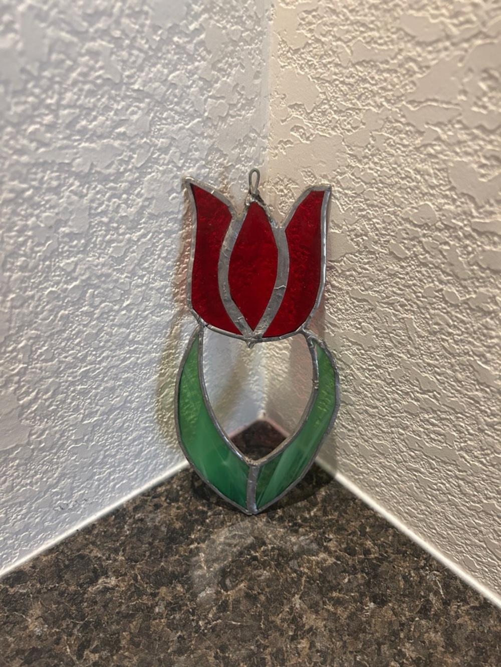 Handcrafted Red and Green Stained Glass Tulip Wall Art